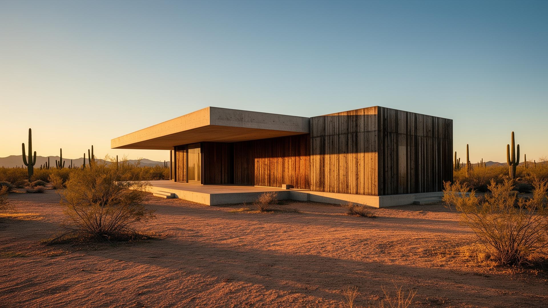 Desert modernist residence at golden hour, used as a MetaKona brand image
