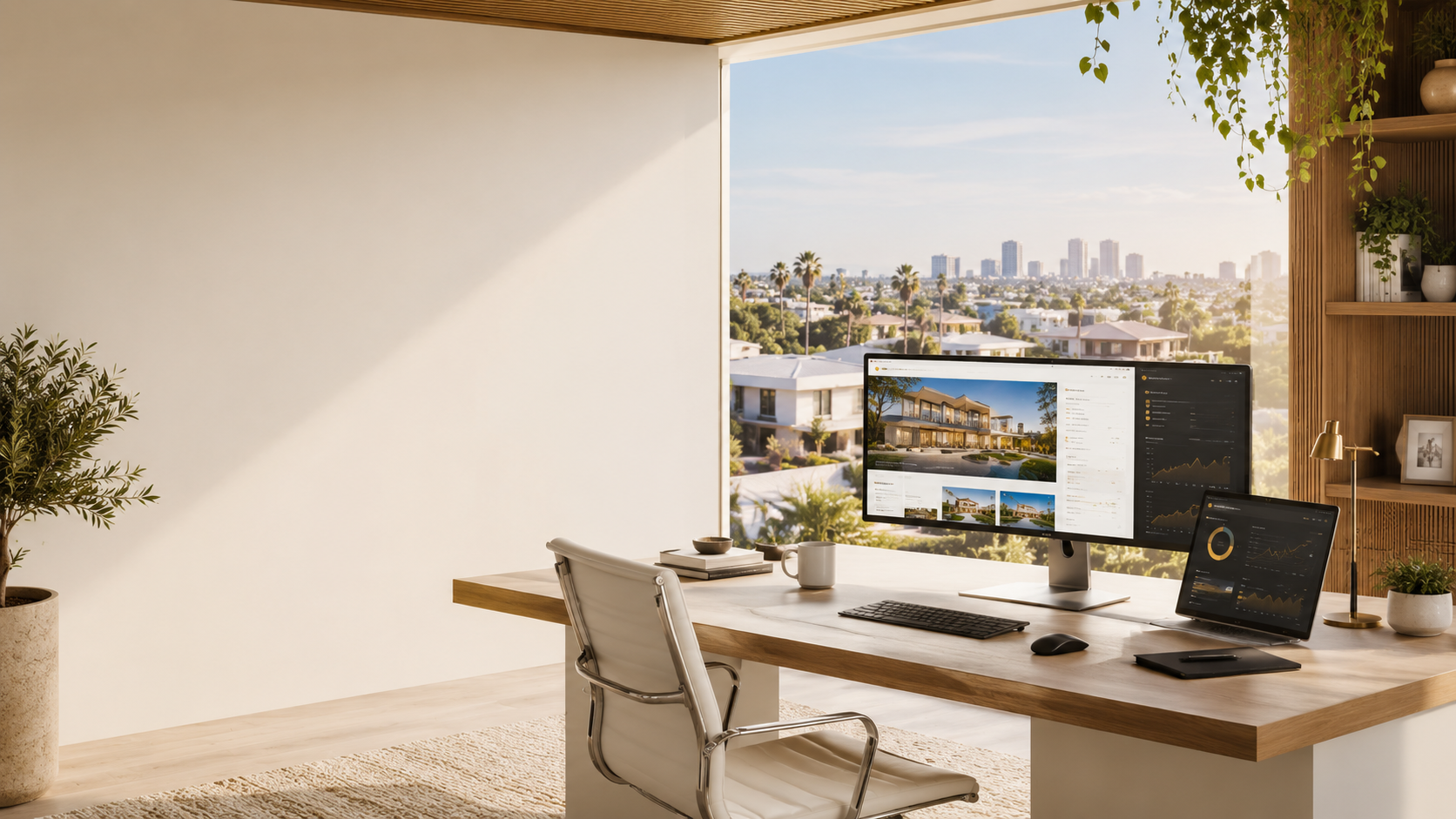 A calm, modern operator workspace: a monitor showing a real estate listing and CRM dashboard on a wood desk by a sunlit window