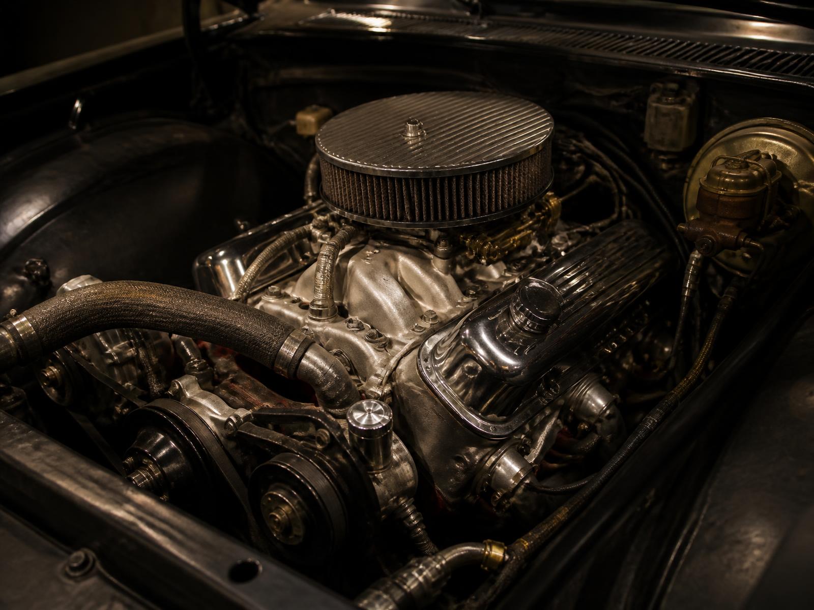 Classic American V8 engine in the bay of a vintage lifted pickup truck, chrome valve covers and cast iron block under raking light